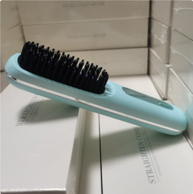 Light blue hot comb hair straightener brush with black bristles for styling