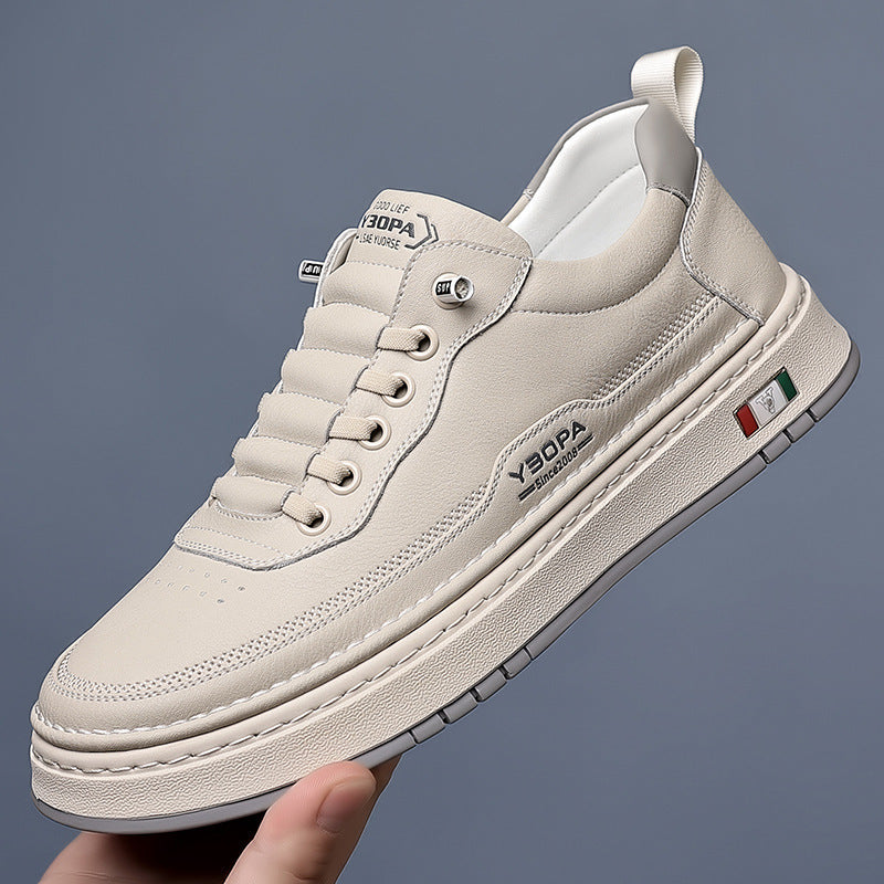 Light beige leather-look lace-up casual shoe, close side view with logo