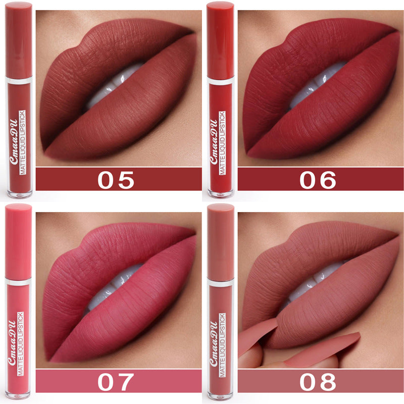 Four matte liquid lipstick swatches with tubes: shades 05 to 08 on lips