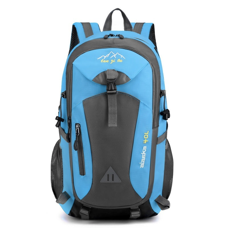 Blue outdoor backpack with black straps, front zip pocket, and two side storage pockets.