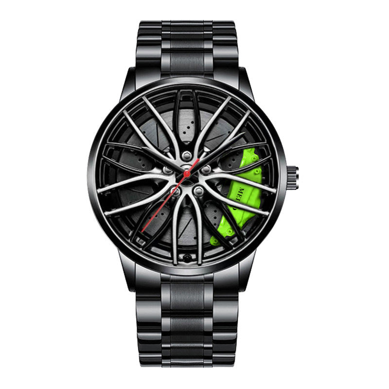 Men’s quartz wristwatch with metal bracelet; racing wheel dial with green accents
