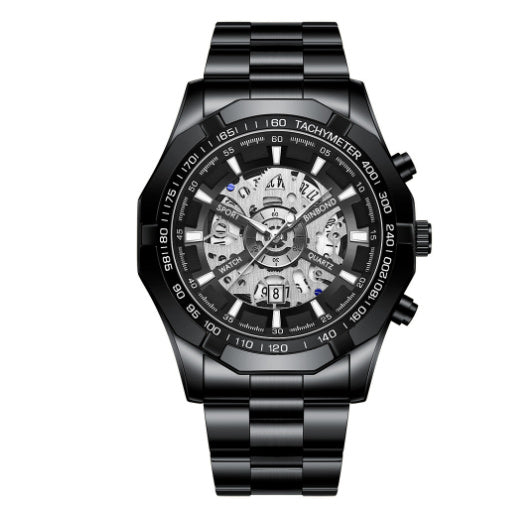 Men's skeleton quartz watch with black steel case and bezel, and gray skeleton dial.