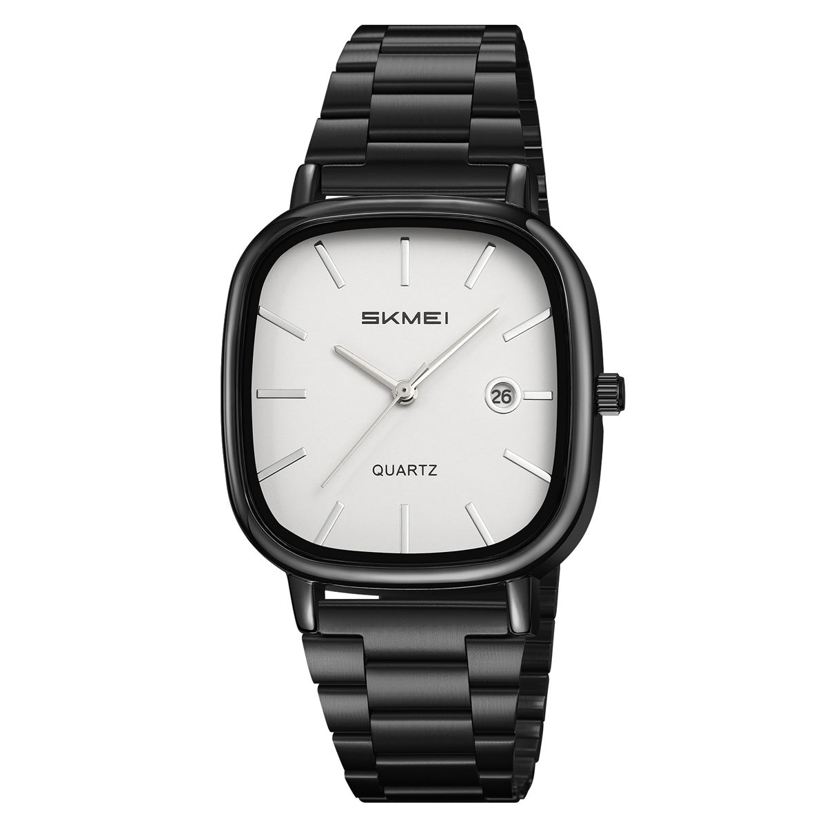 Men's retro square quartz watch with black steel bracelet and white dial