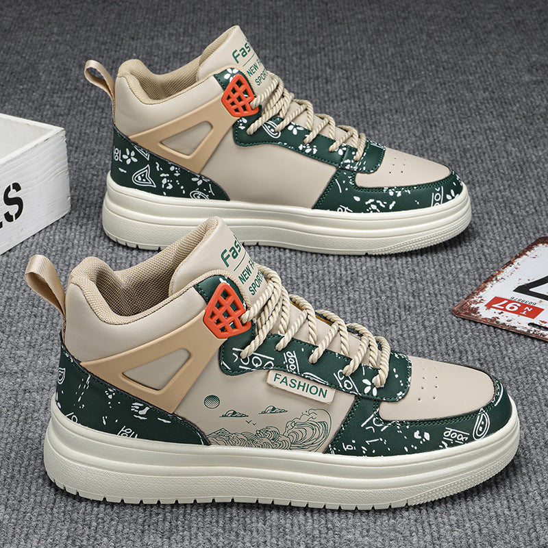 High-top sneakers on gray fabric, beige and navy patterned uppers with red lace accents