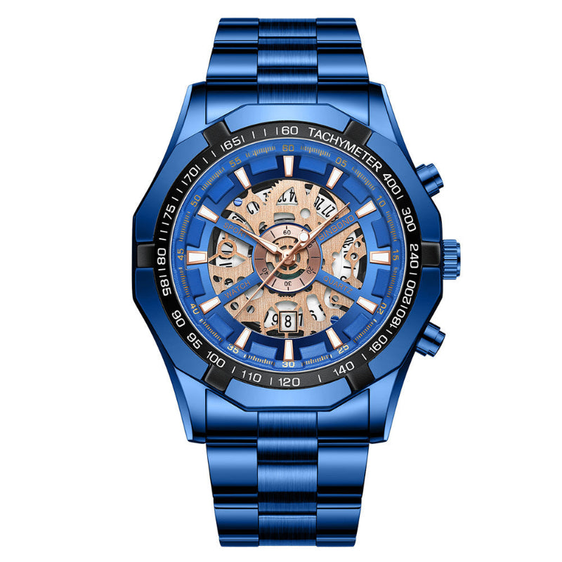 Men's skeleton quartz watch with blue stainless band and gold-tone open dial