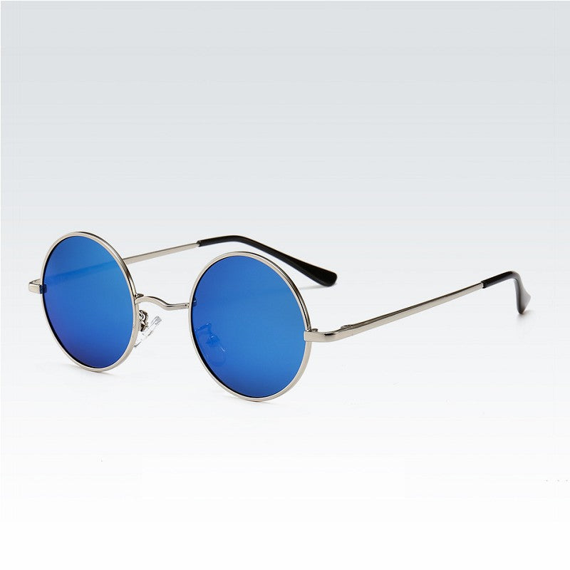 Round polarized sunglasses with silver metal frame and dark blue mirrored lenses