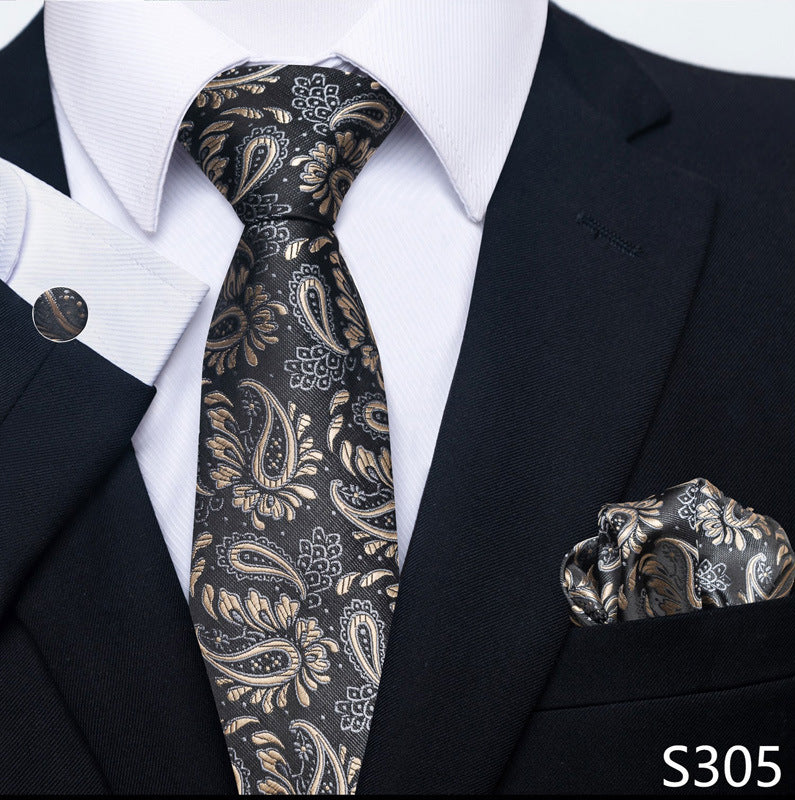 Men's formal tie and pocket square set, black with gold paisley pattern