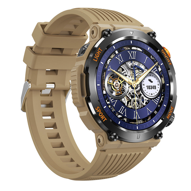 Tan sport smartwatch with round blue dial, gold skeleton hands, rubber strap