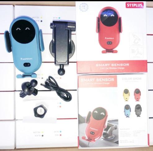 Car wireless phone charger set with blue and red holders plus cable and box