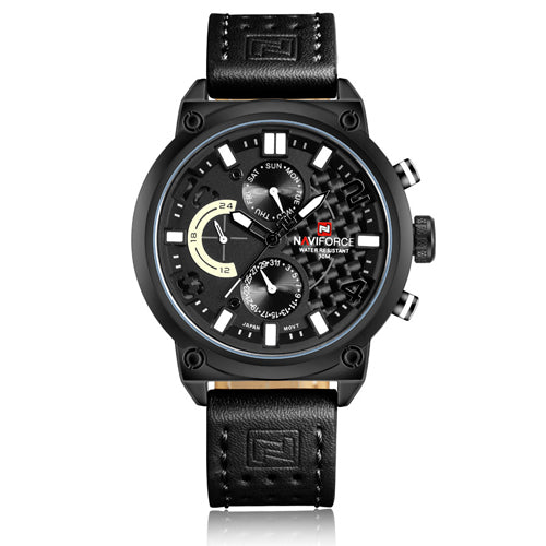 Black Naviforce watch with detailed face on a white background