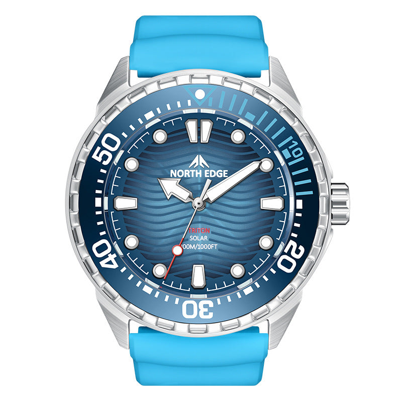 Solar dive watch with blue dial and turquoise silicone strap, stainless steel case