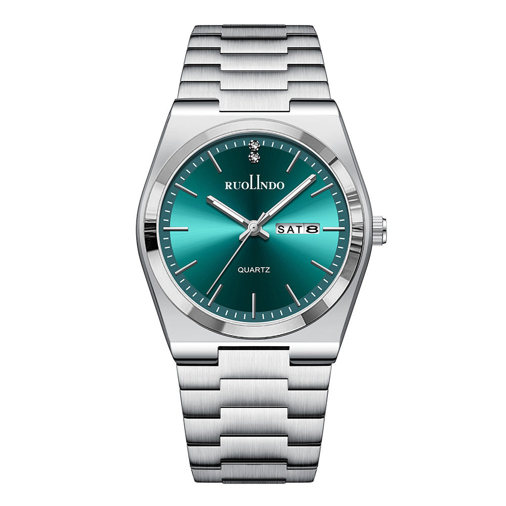 Day-date quartz watch with green dial, silver bezel, silver metal bracelet, date window