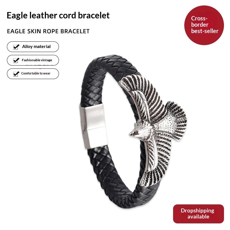 Men's black leather eagle bracelet with braided cord, silver eagle, and metal cuff clasp