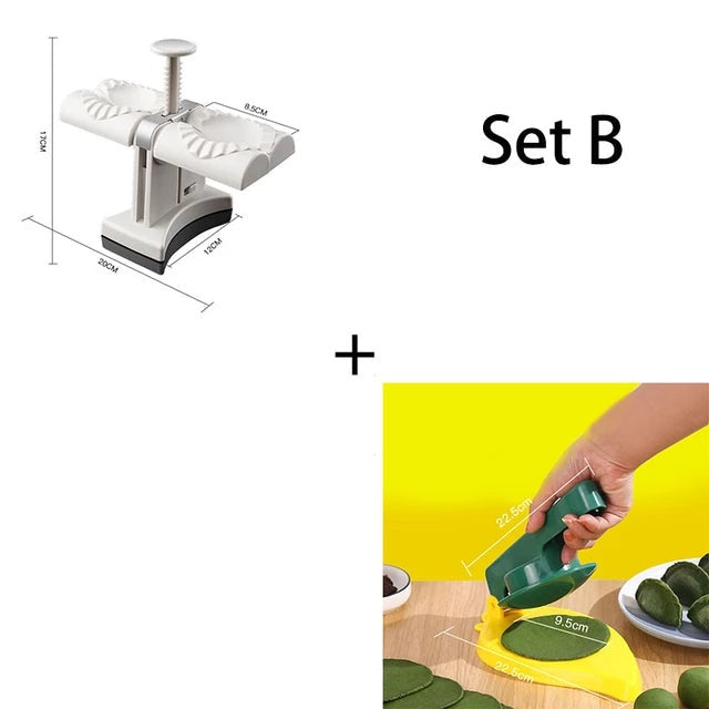 White dumpling maker press with screw top and dual crimping molds