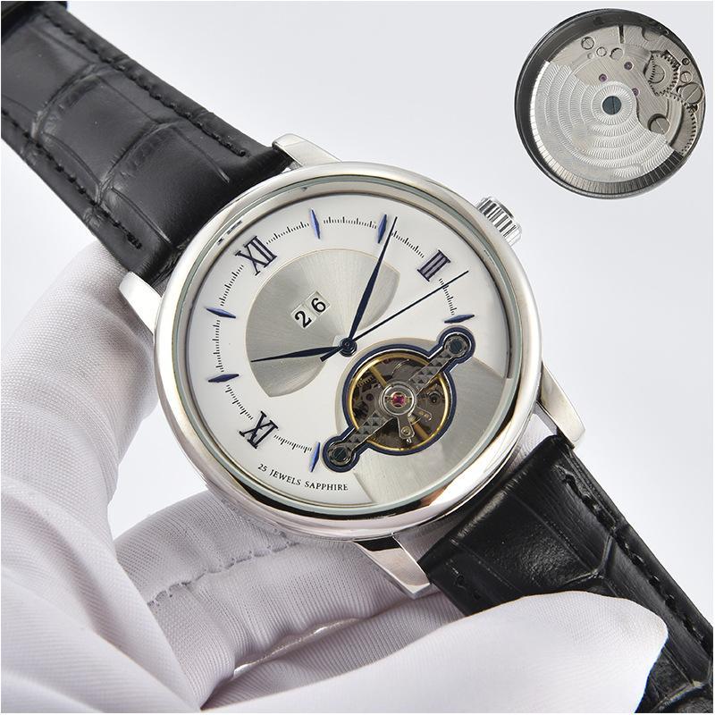 Men's quartz business watch with white dial, silver case, black leather strap.