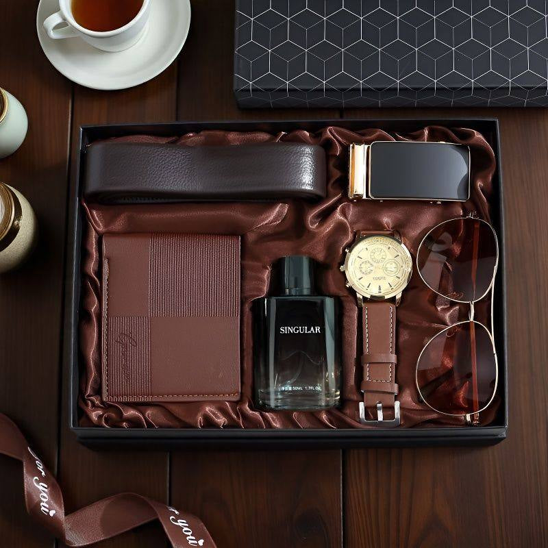 Men's gift set in brown-toned tray, leather belt, wallet, SINGULAR perfume, gold watch, sunglasses