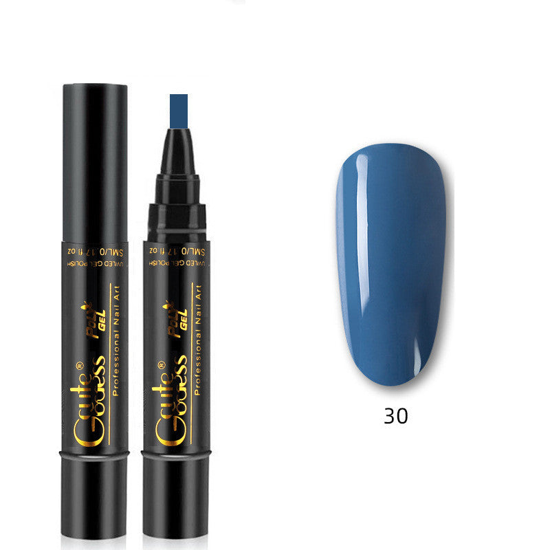 Nail gel polish pen with blue cap and blue nail swatch, color 30