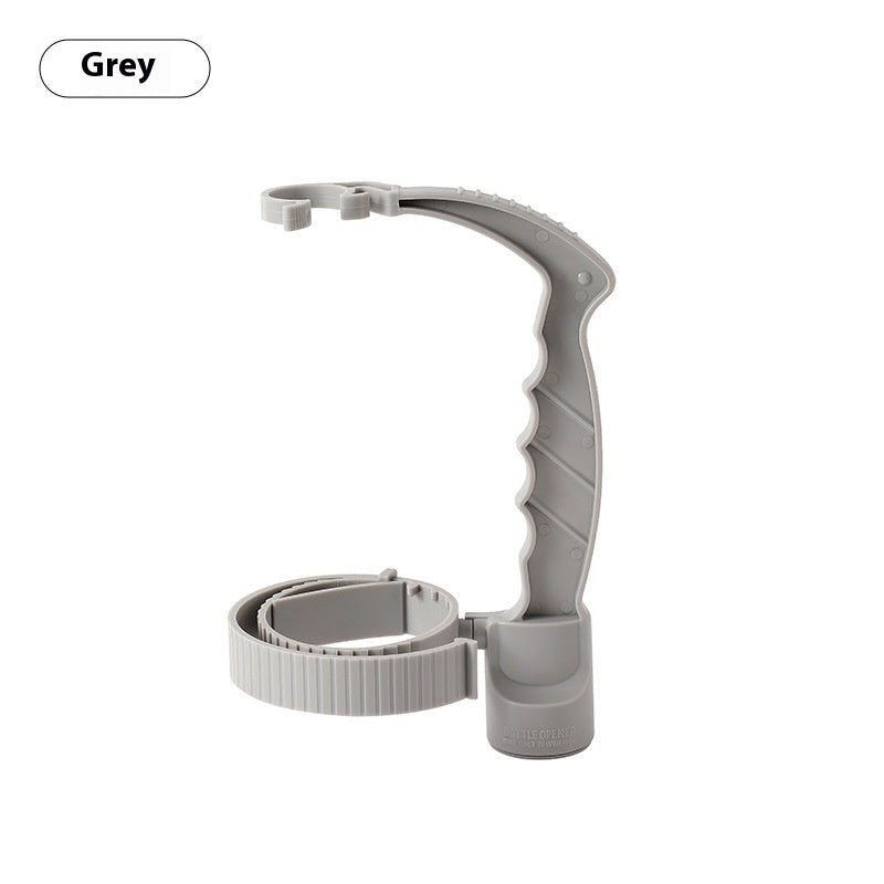 Gray adjustable bottle handle holder with bottle opening ring and ribbed grip