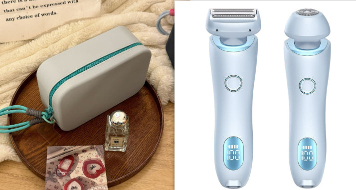 2-in-1 hair removal epilator in light blue, with metal shaving head and LED display