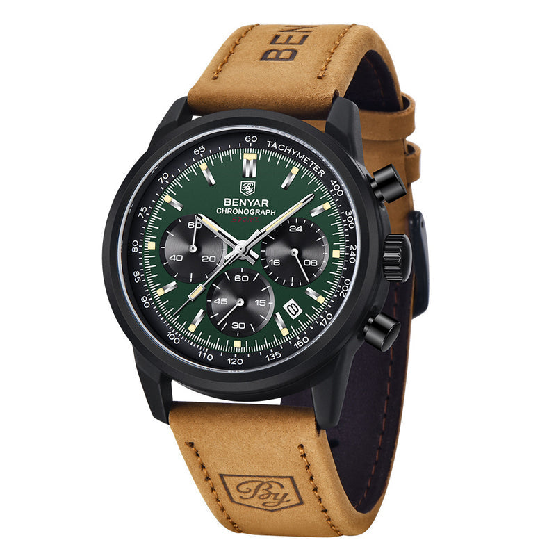 BENYAR quartz watch with green dial, black case and tan strap