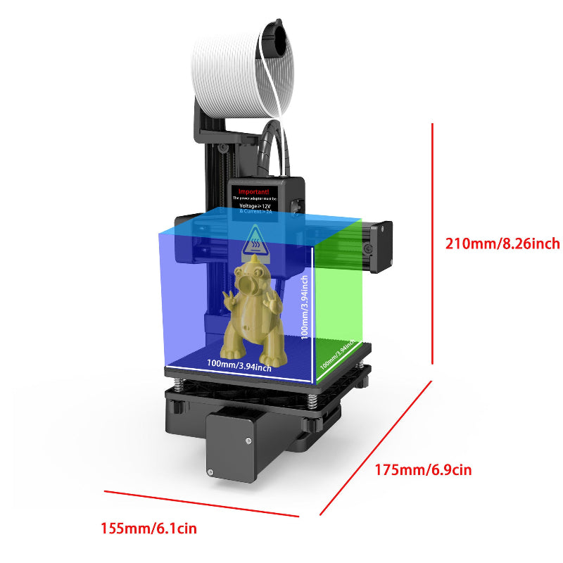 3D printer with clear build area and yellow figurine print, with size arrows and dimensions