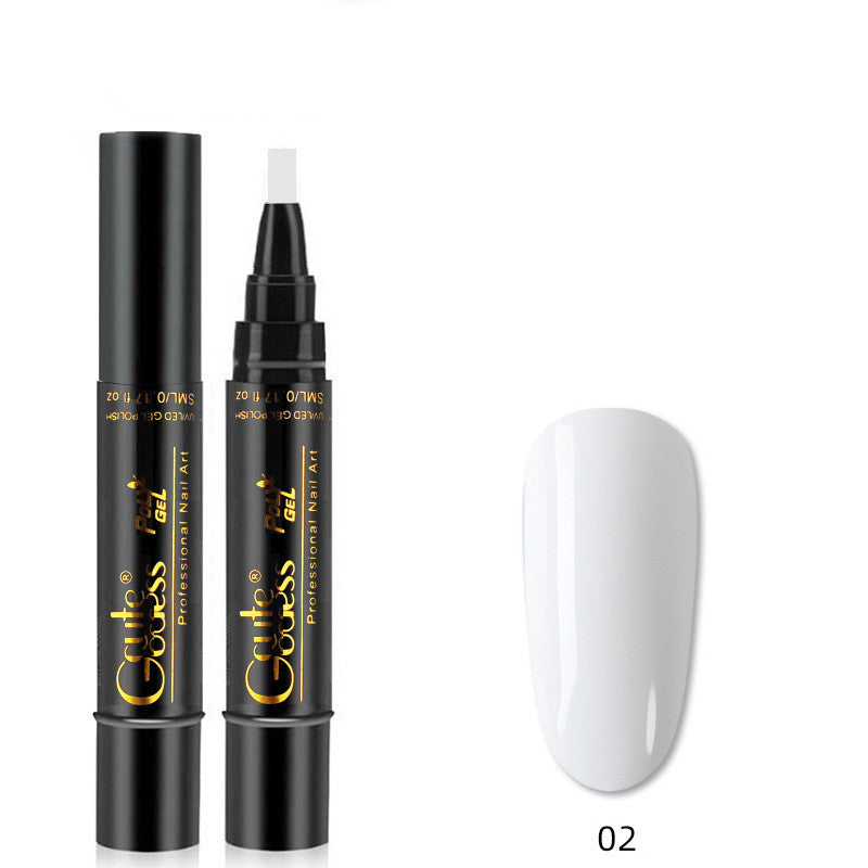 Nail glue pen with white cap and white gel swatch labeled 02