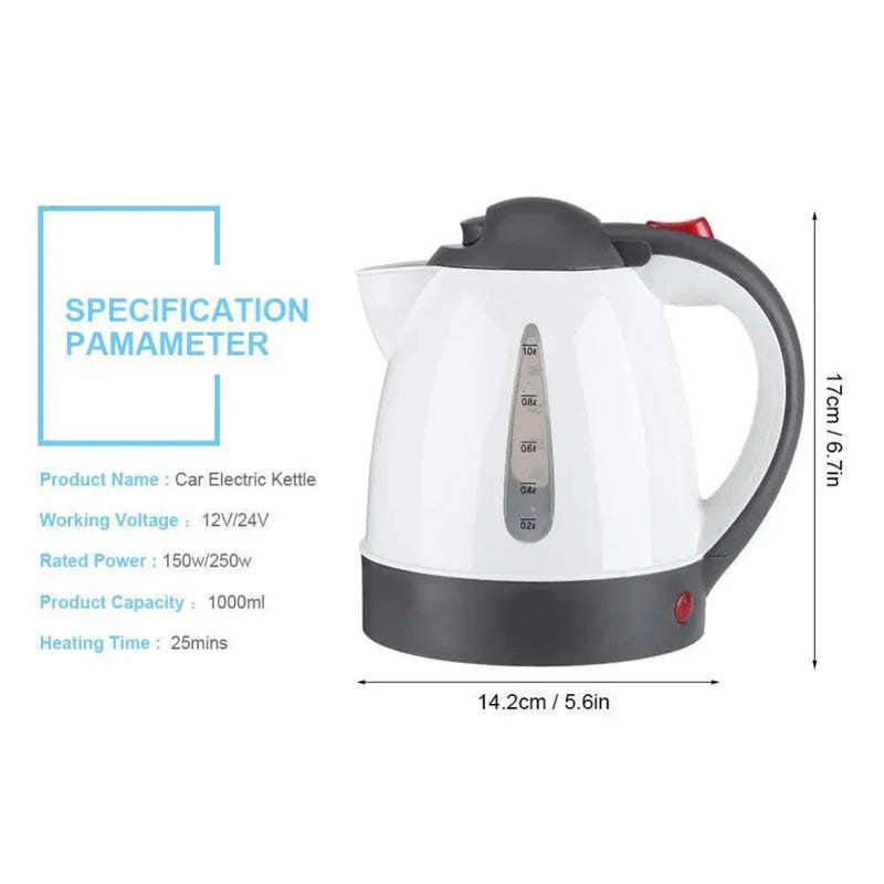 White electric car kettle with black base, curved handle, water level gauge
