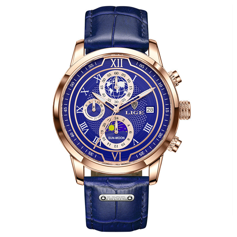 Men's rose gold moon phase quartz watch with blue dial and blue leather strap