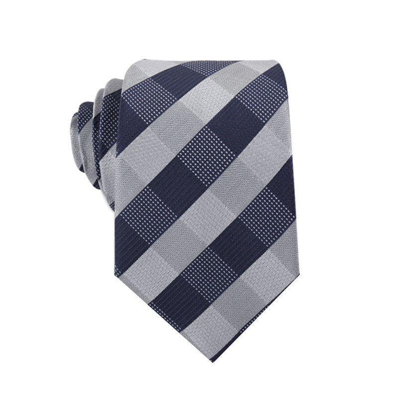 Men's necktie with gray and navy checkered diagonal stripe pattern