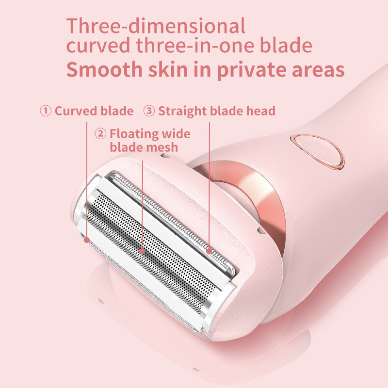 Close-up of women’s trimmer blade head with curved multi-blade design on pink device