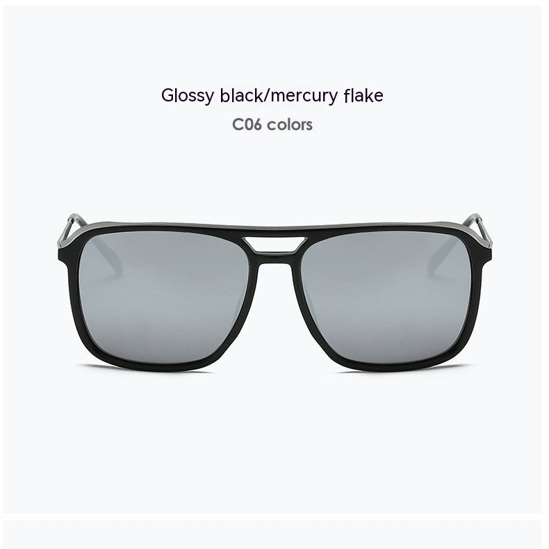 Polarized sunglasses with glossy black frames and light gray mirrored lenses
