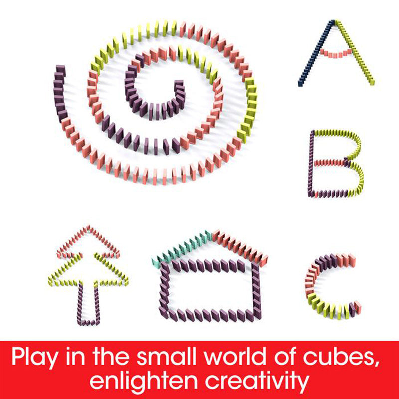 Colorful domino rail pieces forming spiral and letter shapes