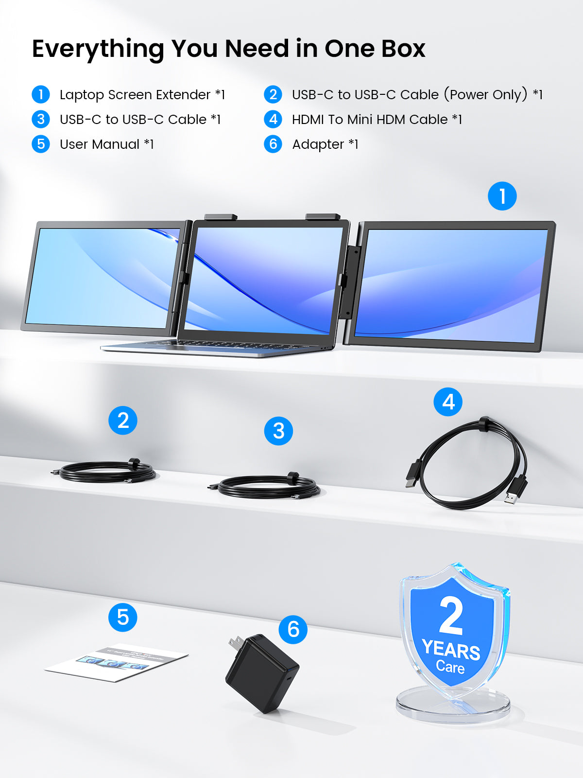 Portable triple monitor kit with three hinged screens and included connection cables