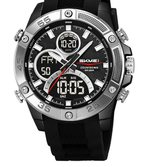 Black and silver Skmei watch with digital and analog display on a white background