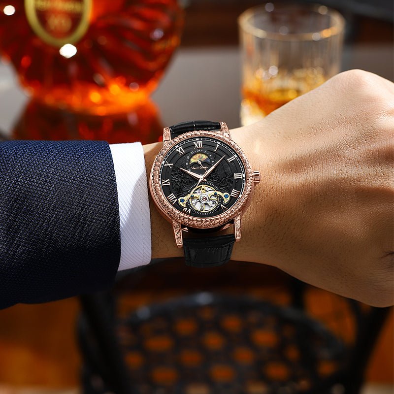 Men's wrist automatic skeleton watch with black leather strap and rose gold-tone case