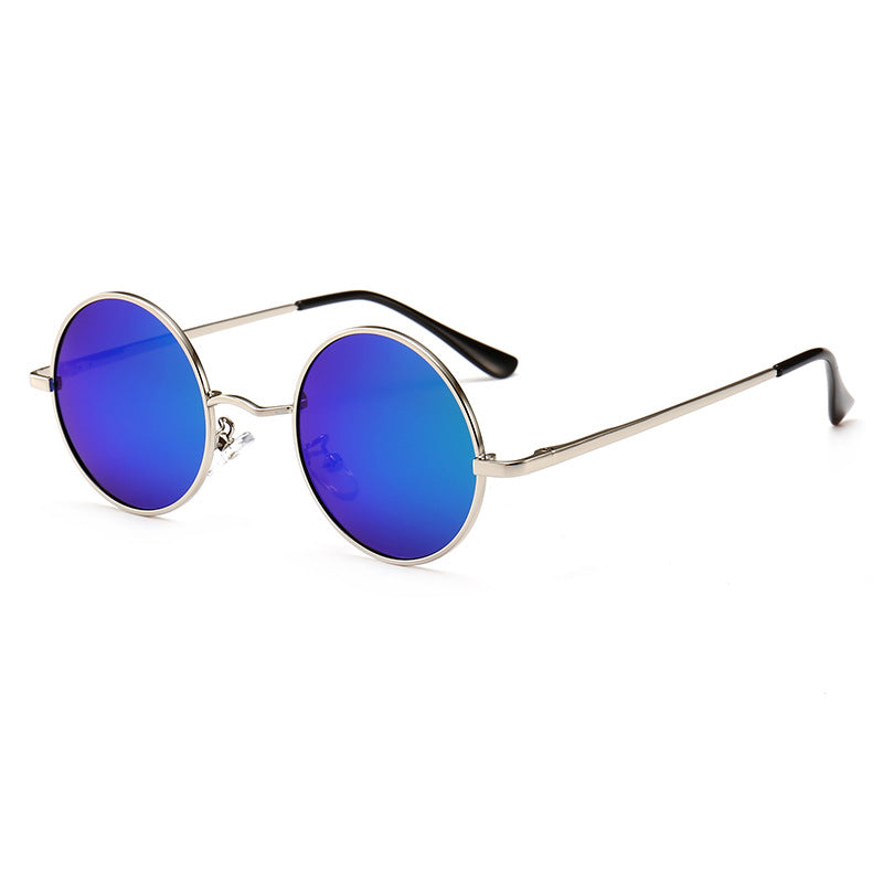 Round polarized sunglasses with silver metal frame and blue-purple mirrored lenses