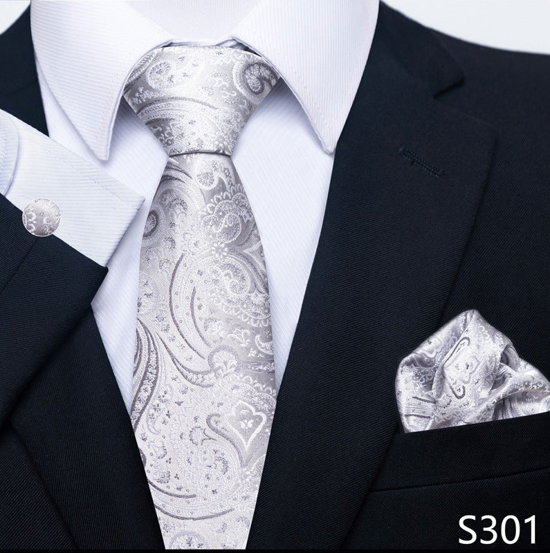 Men's formal tie and pocket square set, silver satin with paisley pattern