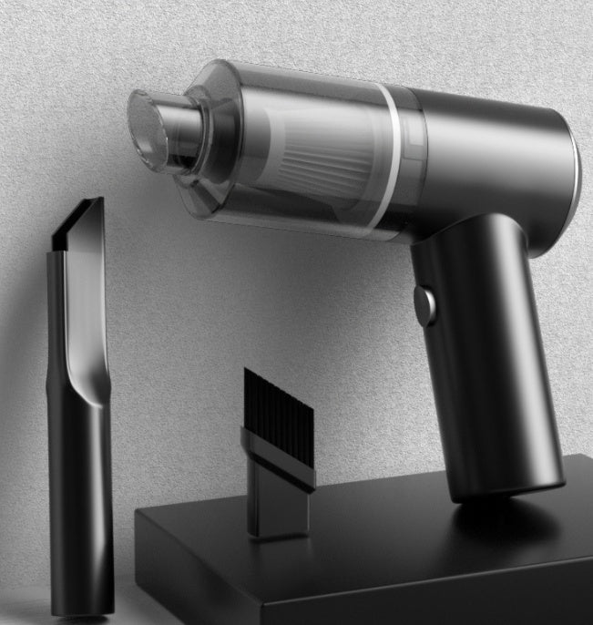 Wireless car vacuum cleaner, black handheld with wide suction nozzle and filter pod