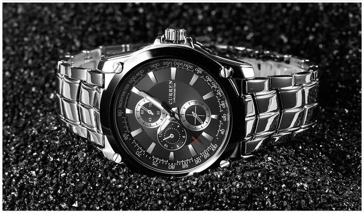 Men's business quartz watch with silver alloy bracelet and black chronograph dial