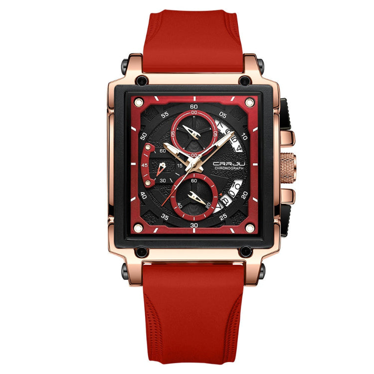 Sport square quartz watch with red silicone strap, rose gold case, red multi-dial face