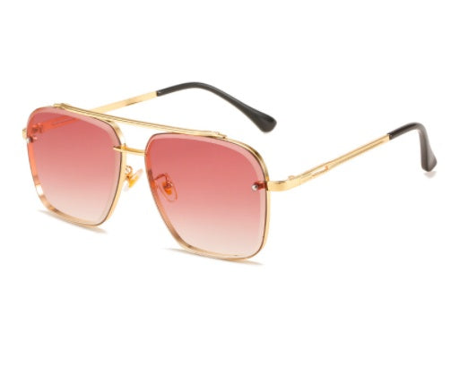 Men's sunglasses with double bridge metal frame and pink gradient lenses, angled view