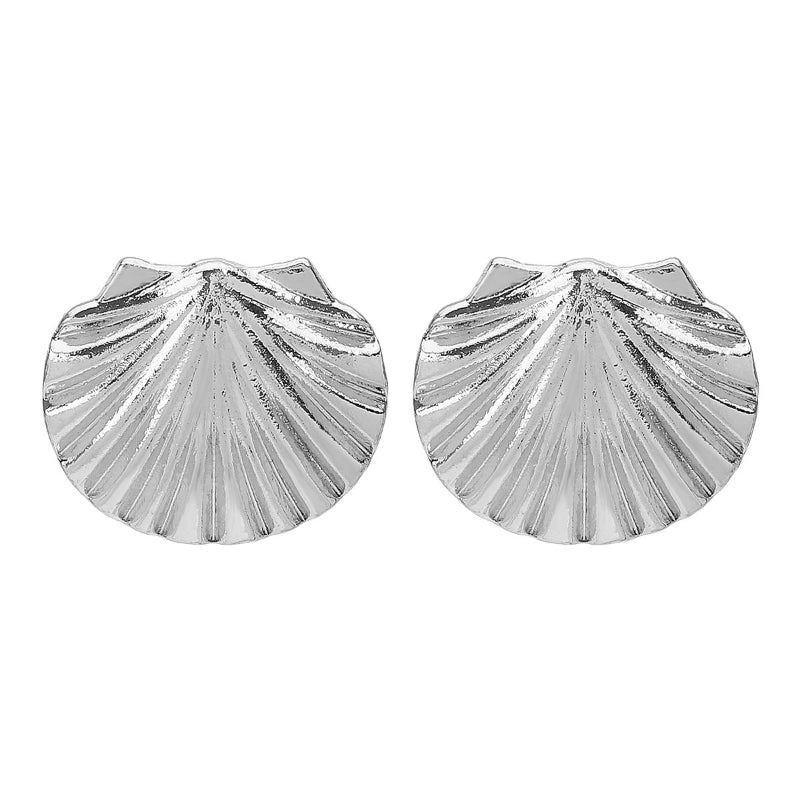 Silver scallop-shell stud earrings with textured ridged design
