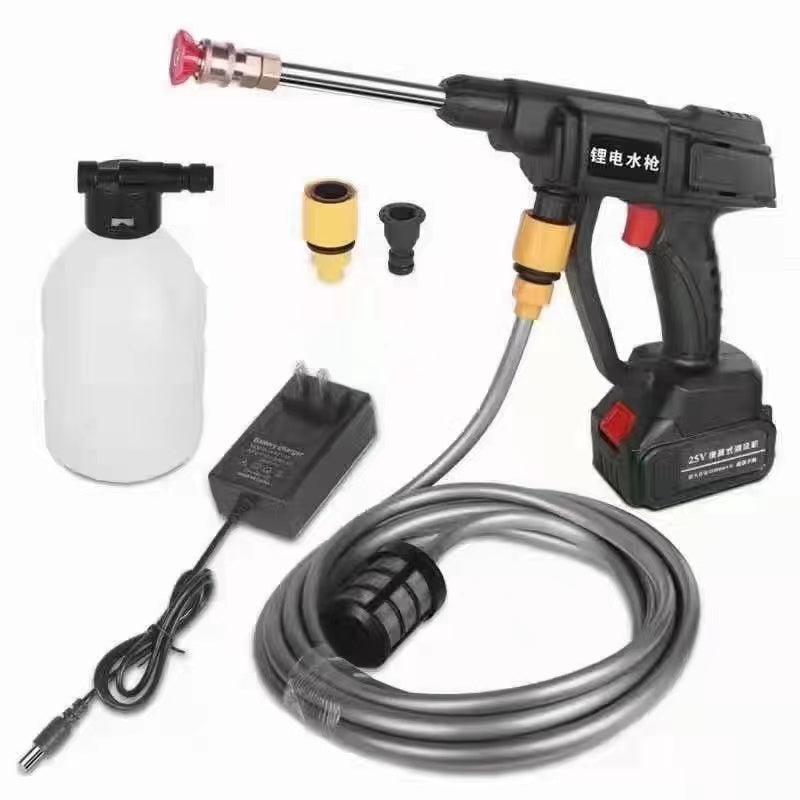 Cordless pressure washer with spray gun, long wand, bottle, filters, and hose