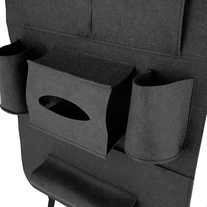 Car seat organizer with front compartments and side cup holders in dark gray felt
