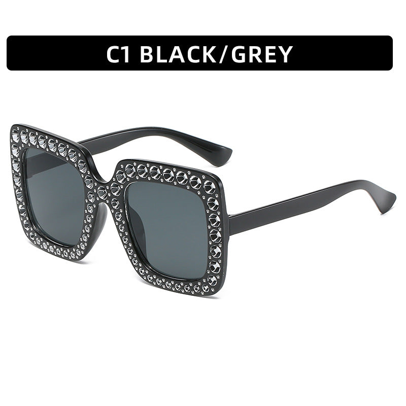 Women's square rhinestone sunglasses, black/grey frame with dark grey lenses
