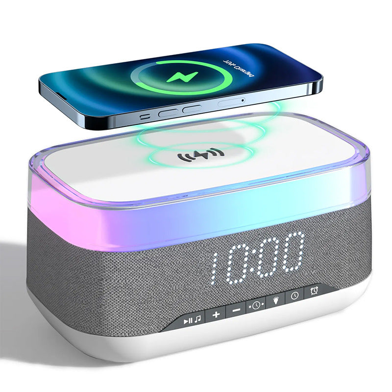 White and gray smart alarm clock Bluetooth speaker with illuminated audio and LED ring