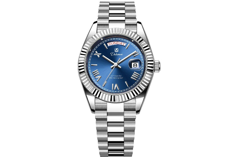 Stainless steel automatic men's watch with blue dial and dual calendar windows