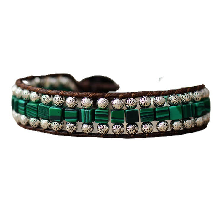 Green and silver-tone stone beaded bracelet with brown leather wrap, double rows