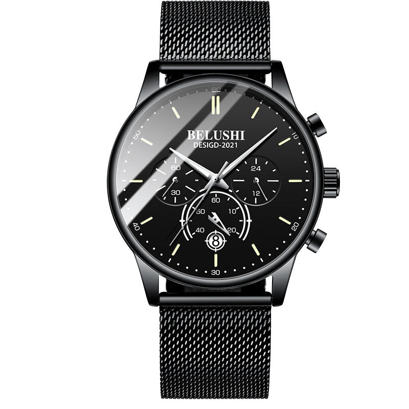 Men's black quartz watch with yellow accent dial and black mesh strap.