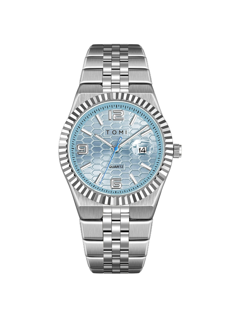 Men's quartz dress watch with silver metal bracelet, light blue dial and silver details